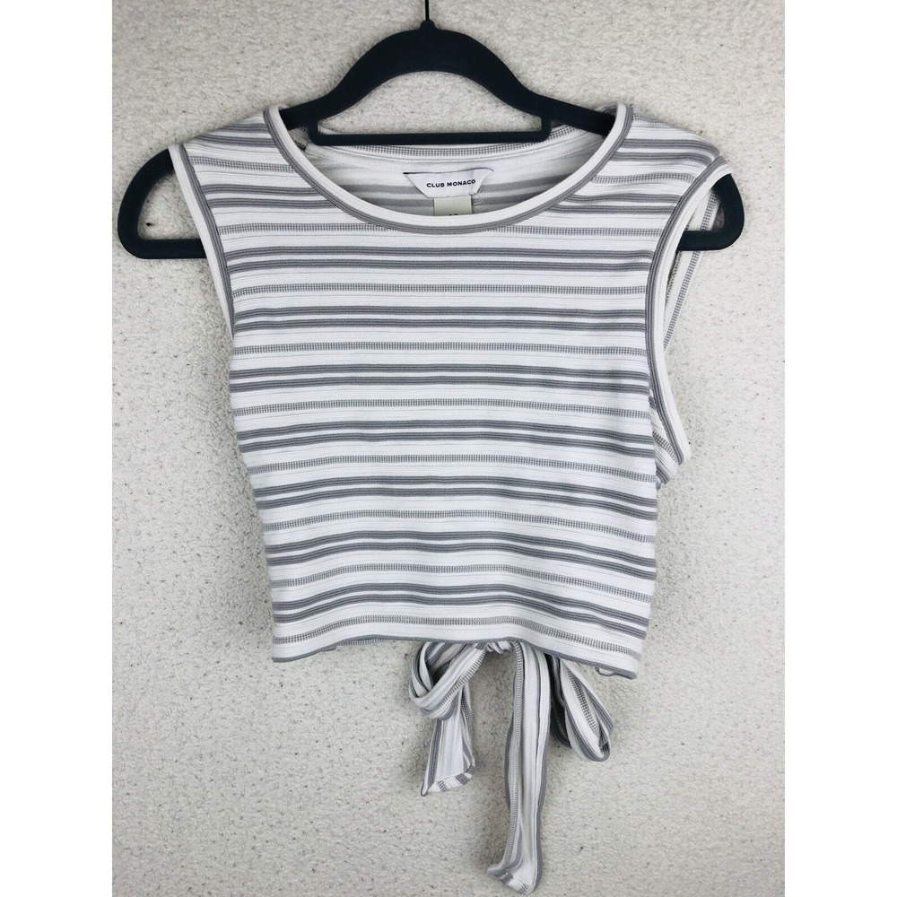 Club Monaco Womens Small Sleeveless Tie Back Gray White Stripe Cropped Tank Top
